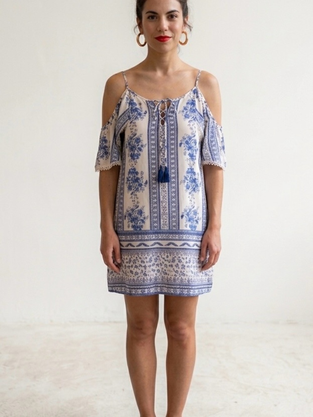 Boho Blue and White Cold-Shoulder Shift Dress